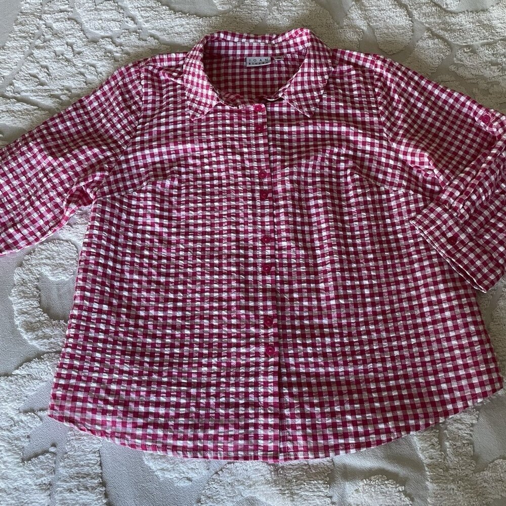 Joan Rivers Plus Size Button Up Pink Gingham Blouse Rockabilly Western 1X